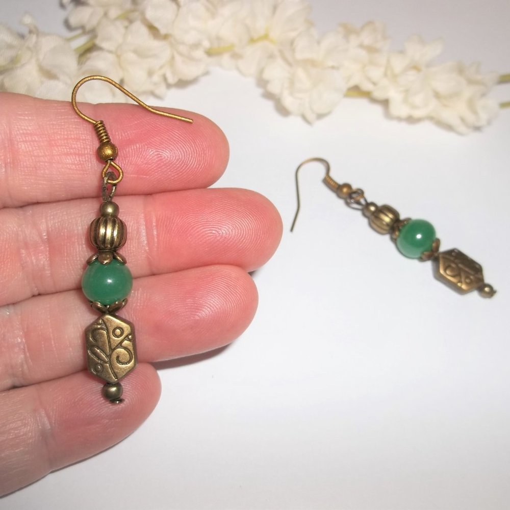 Handmade Beaded Dangle Boho Earrings Faux Jade Green Jewelry Set Gift NWT 5808 - Picture 6 of 8